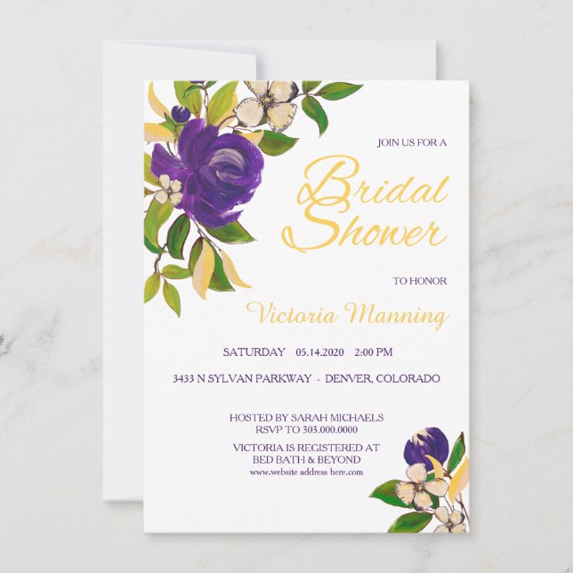 Invitación Violet Gold Watercolor Bouquet Bridal Shower (Anverso)