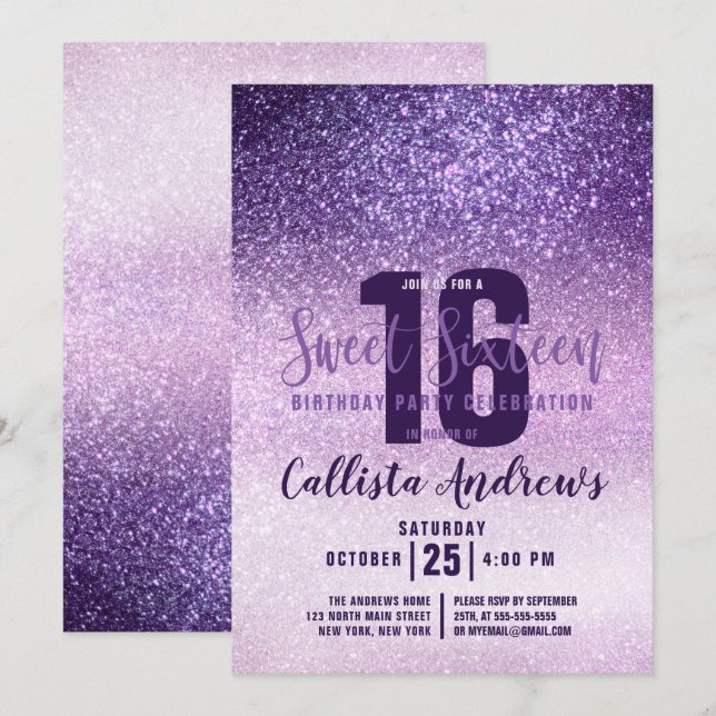 Invitación Violet Lilac Morado Triple Purpurina Ombre Sweet 1 (Anverso / Reverso)