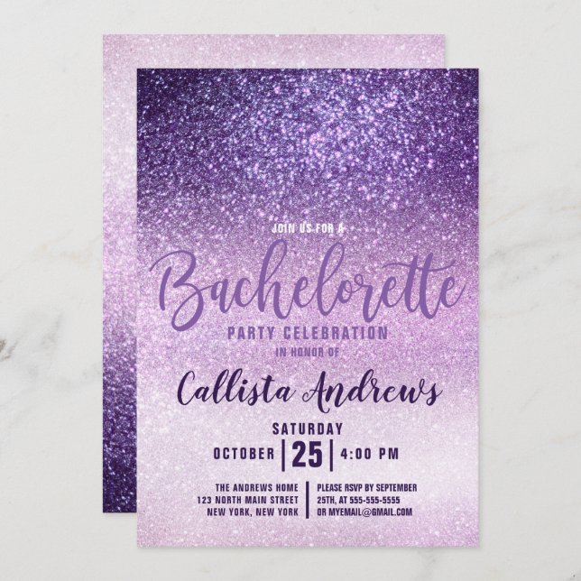 Invitación Violet Lilac Morple Triple Purpurina Bachelorette (Anverso / Reverso)