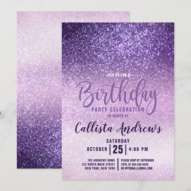 Invitación Violet Lilac Morple Triple Purpurina Ombre Cumplea (Anverso / Reverso)