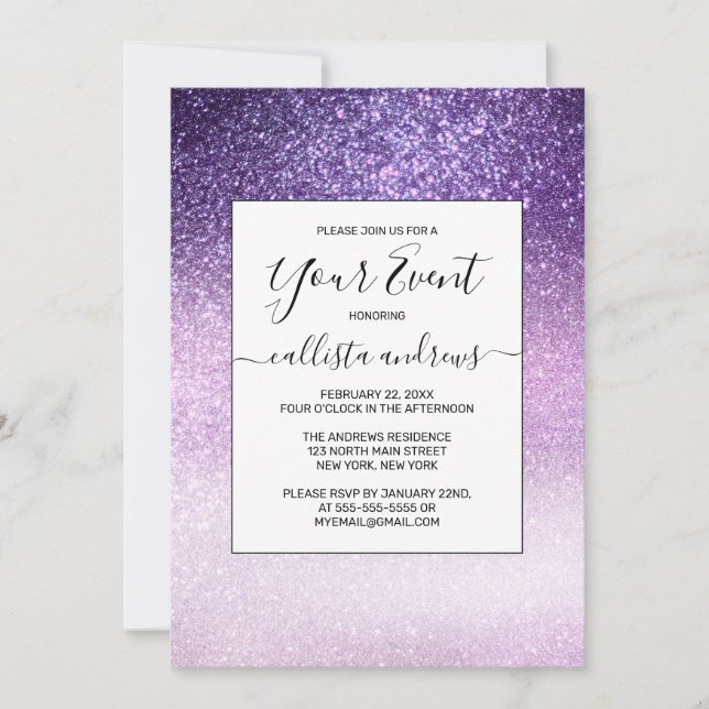 Invitación Violet Lilac Pastel Purpurina triple púrpura Ombre (Anverso)