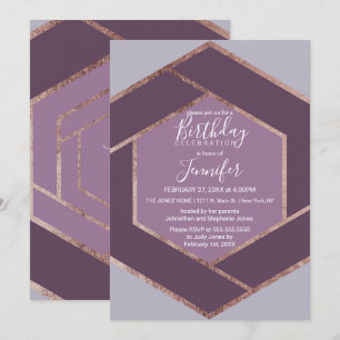 Invitación Violet Lilac Purple Rosa Gold Hexagon Cumpleaños