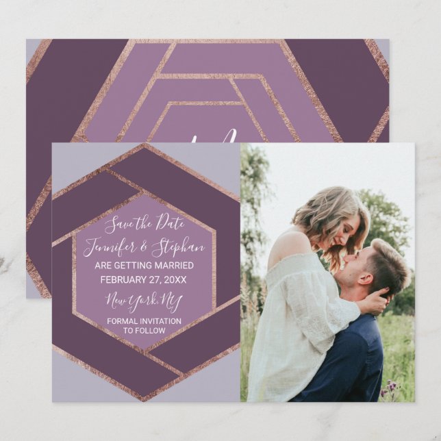 Invitación Violet Lilac Purple Rosa Gold Hexagon Save Date (Anverso / Reverso)