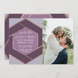 Invitación Violet Lilac Purple Rosa Gold Hexagon Save Date