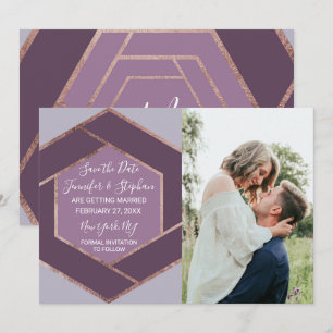 Invitación Violet Lilac Purple Rosa Gold Hexagon Save Date
