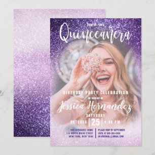 Invitación Violet Lilac triple Purpurina foto Quinceañera