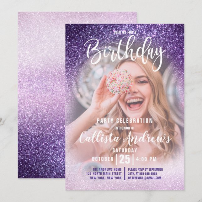 Invitación Violet Lilac Triple Purpurina Ombre Foto Cumpleaño (Anverso / Reverso)
