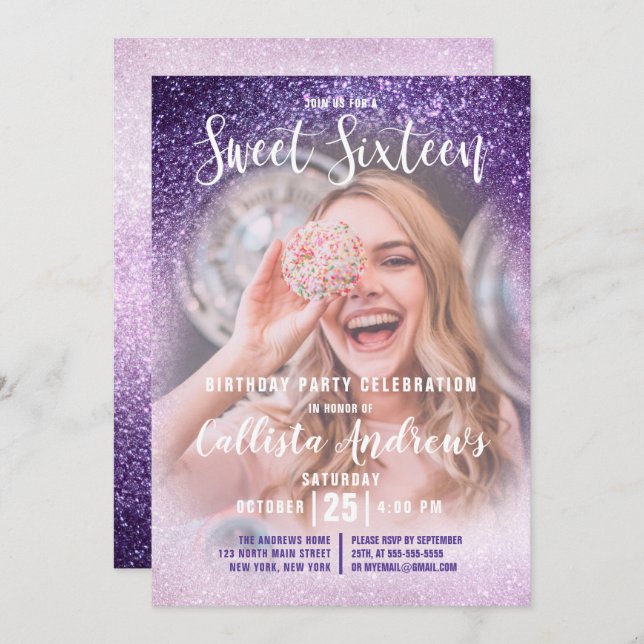 Invitación Violet Lilac Triple Purpurina Ombre Foto Dulce 16 (Anverso / Reverso)