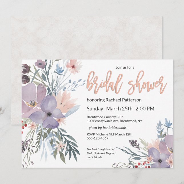 Invitación Violet Meadow Watercolor Floral Brillante (Anverso / Reverso)