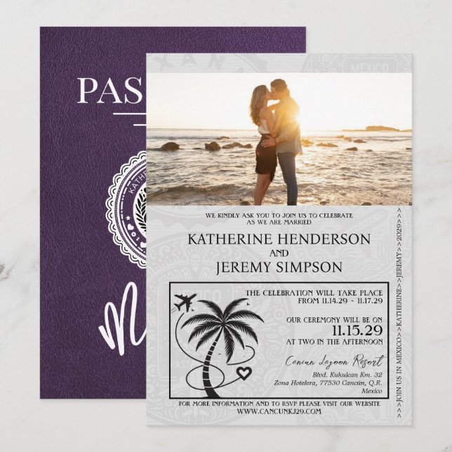 Invitación Violet Mexico Passport Boda (Anverso / Reverso)