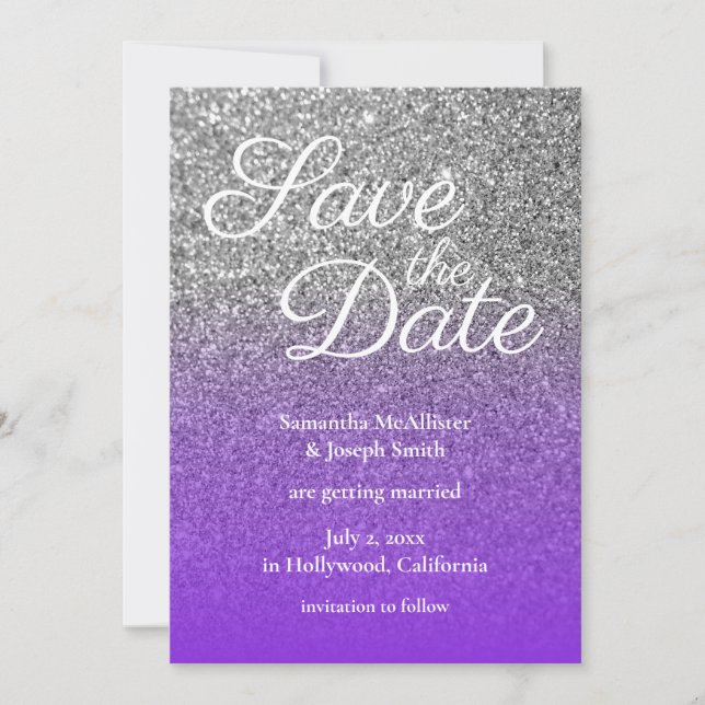 Invitación Violet Ombre Plateado Glitter Reserva la Fecha (Anverso)