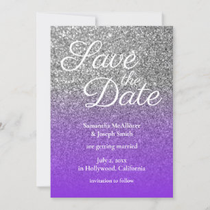 Invitación Violet Ombre Plateado Glitter Reserva la Fecha