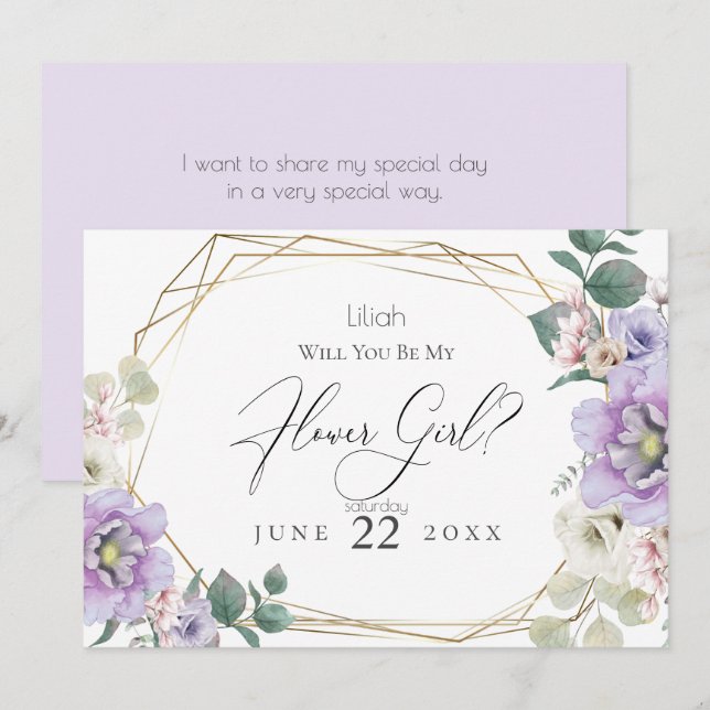 Invitación Violet Peony Flowers Serás Mi Flor (Anverso / Reverso)