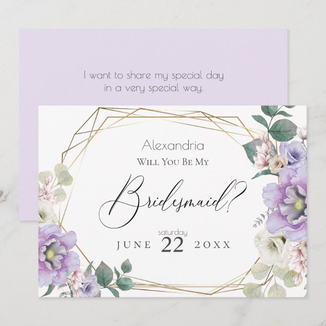 Invitación Violet Peony Flowers Serás Mi Novia (Anverso / Reverso)
