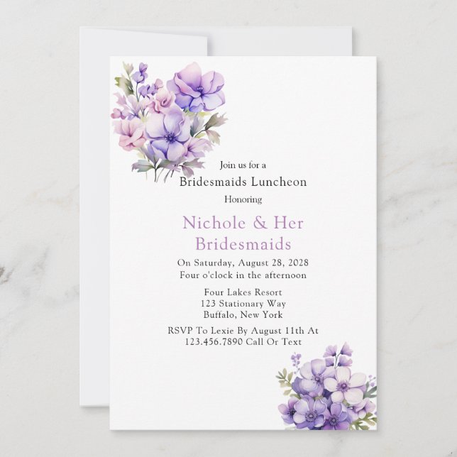 Invitación Violet Peony Y Rosas Bridesmaids Luncheon (Anverso)