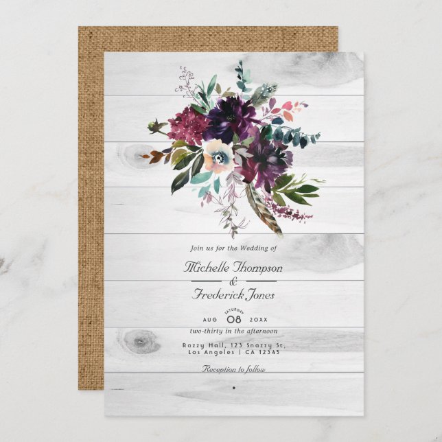 Invitación Violet Plum Floral Rústico Código QR Bohemia Boda (Anverso / Reverso)