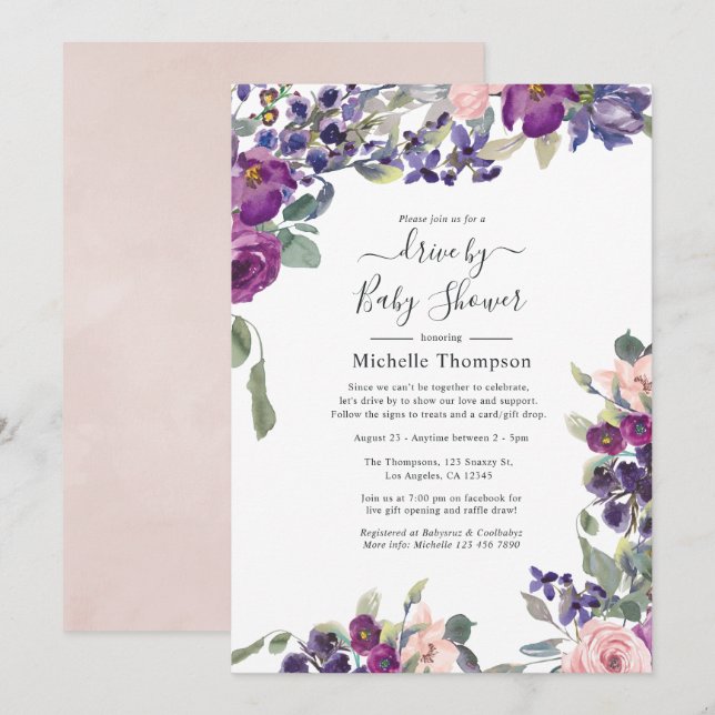 Invitación Violet, Plum y Blush Drive By Shower (Anverso / Reverso)