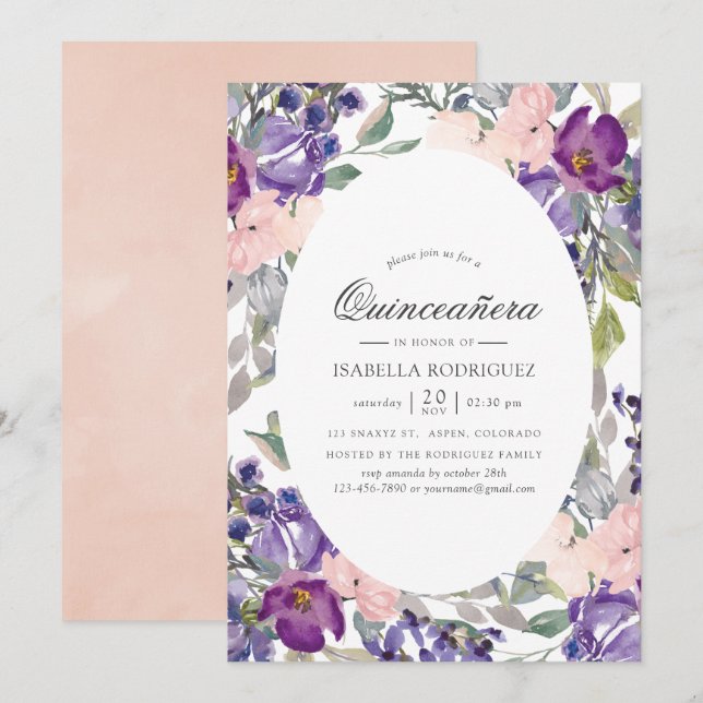 Invitación Violet, Plum y Rubor Floral Quinceañera (Anverso / Reverso)