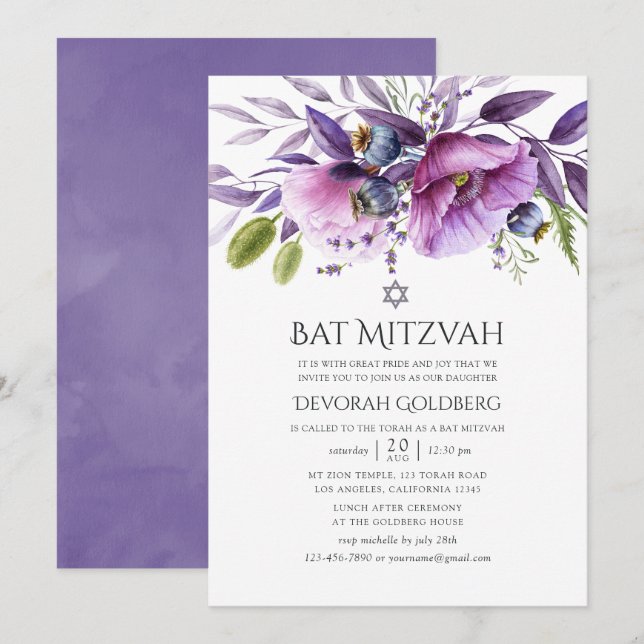 Invitación Violet Poppy Floral Bat Mitzvah (Anverso / Reverso)