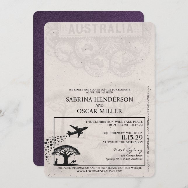 Invitación Violet Purple Australia Passport Boda (Anverso / Reverso)