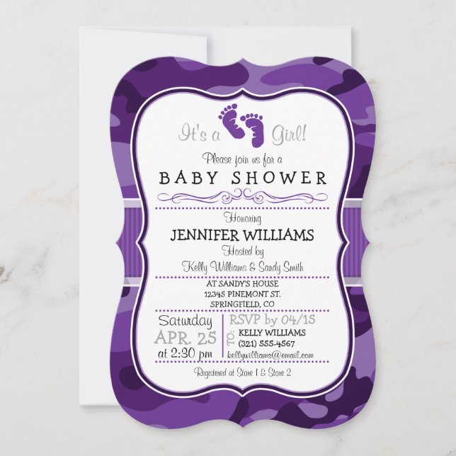 Invitación Violet Purple Camo, Camouflage Baby Shower (Anverso)