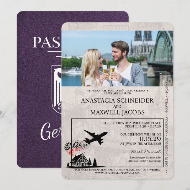 Invitación Violet Purple Germany Passport Boda (Anverso / Reverso)
