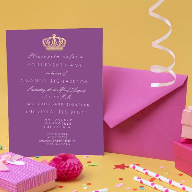 Invitación Violet Purple Golden Crown Royal Pastel Blanco (Subido por el creador)
