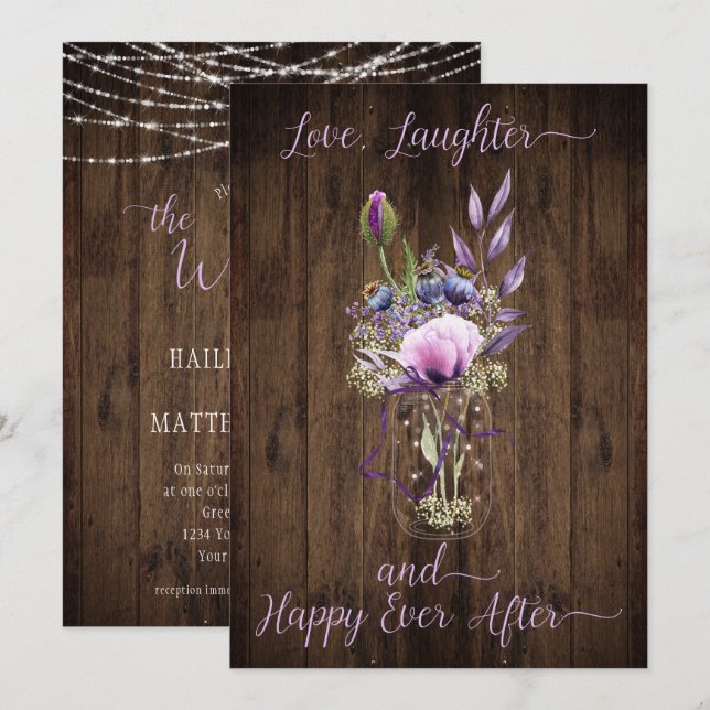 Invitación Violet Purple Lavender Floral Mason Jar Boda (Anverso / Reverso)