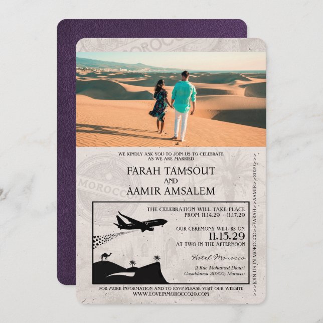 Invitación Violet Purple Morocco Passport Boda (Anverso / Reverso)