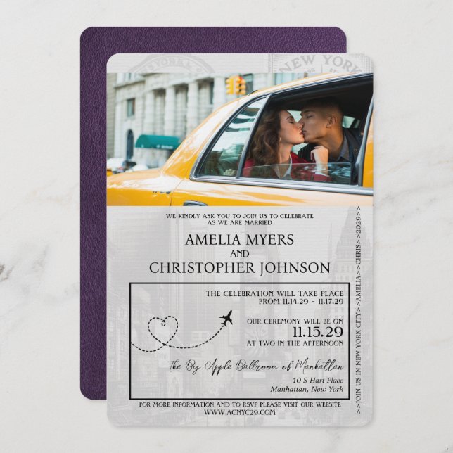 Invitación Violet Purple New York City Passport Boda (Anverso / Reverso)