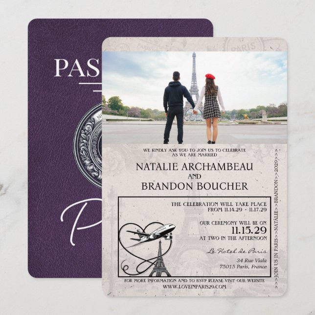 Invitación Violet Purple Paris Passport Boda (Anverso / Reverso)