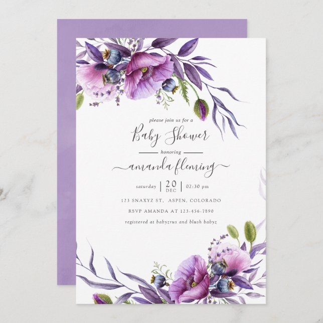 Invitación Violet Purple Poppy Floral Baby Shower (Anverso / Reverso)