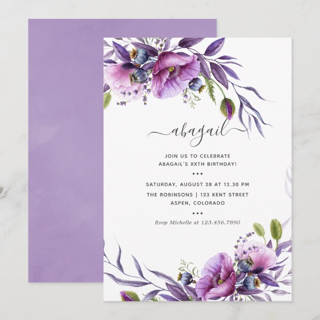 Invitación Violet Purple Poppy Floral Cumpleaños (Anverso / Reverso)