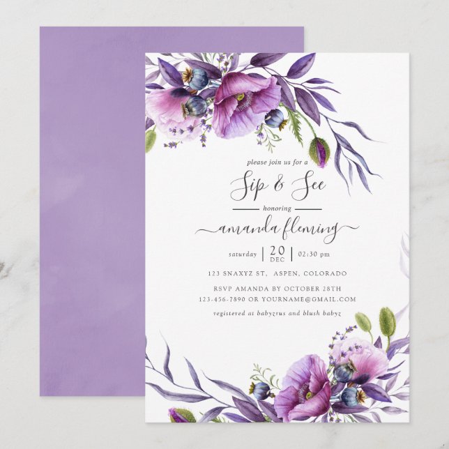 Invitación Violet Purple Poppy Floral Sip y See (Anverso / Reverso)