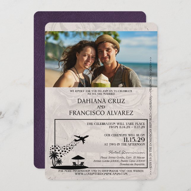Invitación Violet Purple República Dominicana Boda de Pasapor (Anverso / Reverso)