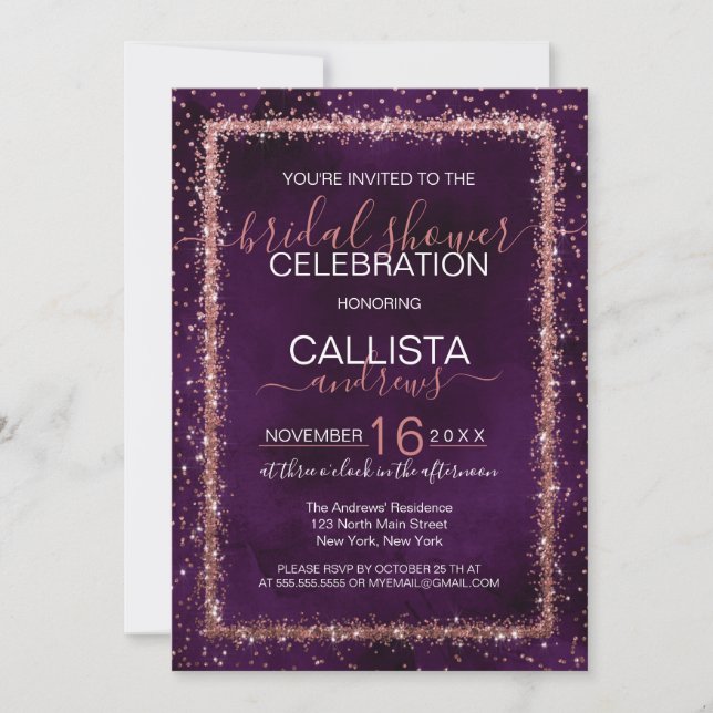Invitación Violet Purple Rosa Gold Confetti Bridal Shower (Anverso)