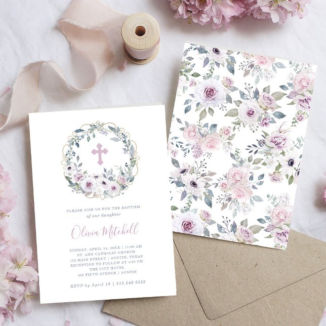 Invitación Violet Rubor | Bautismo floral con cruz (Subido por el creador)