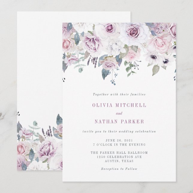 Invitación Violet Rubor | Boda floral (Anverso / Reverso)