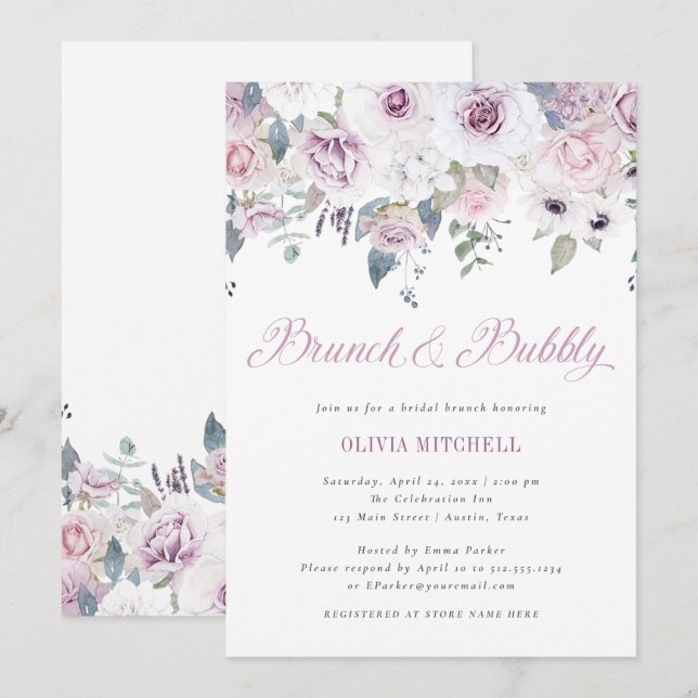 Invitación Violet Rubor | Brunch nupcial floral (Anverso / Reverso)