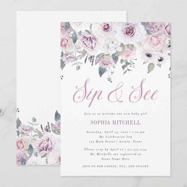 Invitación Violet Rubor | Floral Baby Shower Sip y See (Anverso / Reverso)