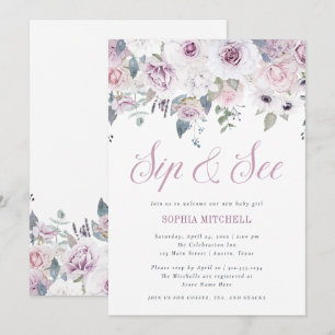 Invitación Violet Rubor Floral Baby Shower Sip y See