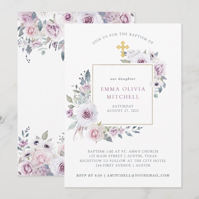 Invitación Violet Rubor Floral | Baptismo cruzado de oro (Anverso / Reverso)