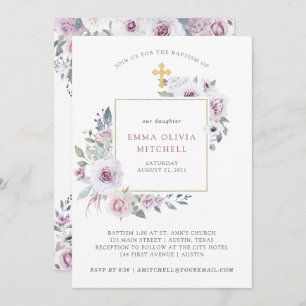 Invitación Violet Rubor Floral Baptismo cruzado de oro
