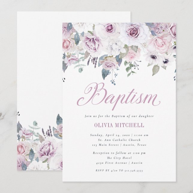 Invitación Violet Rubor Floral | Bautismo (Anverso / Reverso)