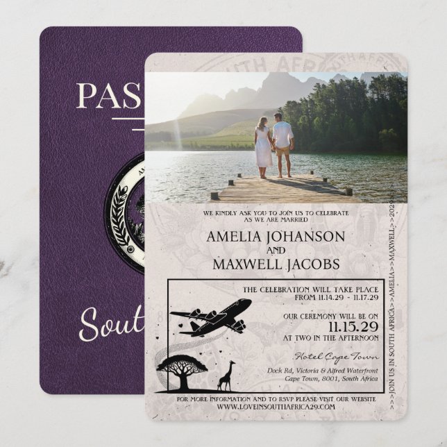 Invitación Violet South Africa Passport Boda (Anverso / Reverso)