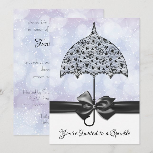 Invitación Violet Sprinkle Baby Shower Black Lace Paraguas (Anverso / Reverso)
