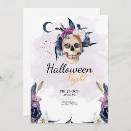 Invitación Violet Watercolor Halloween Party Cráneo gótico