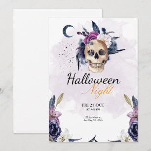 Invitación Violet Watercolor Halloween Party Cráneo gótico