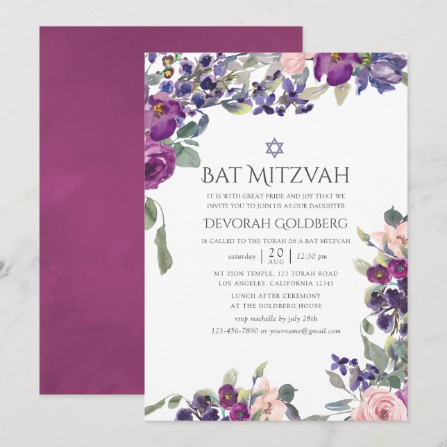 Invitación Violet y Plum Floral Bat Mitzvah (Anverso / Reverso)