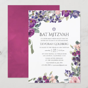 Invitación Violet y Plum Floral Bat Mitzvah